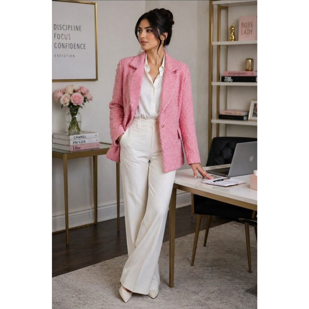 #182 MSRP $148 NWT EXPRESS PINK PLAID BOUCLÉ TWEED BLAZER ♡SIZE S/M &L♡
